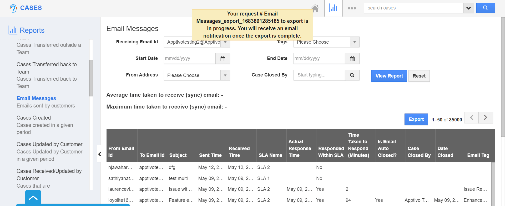 Cases-Notification saying export mail.png Cases - Notification saying Export mail